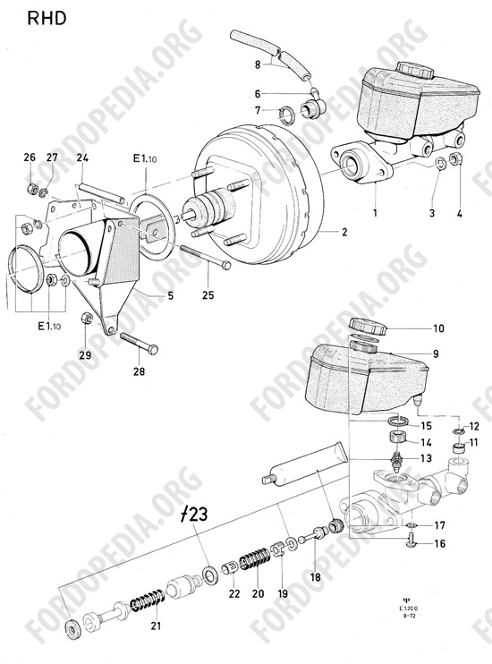 Ford Consul/Granada MkI (1972-1975) - Master cylinder, brake vacuum booster (RHD)