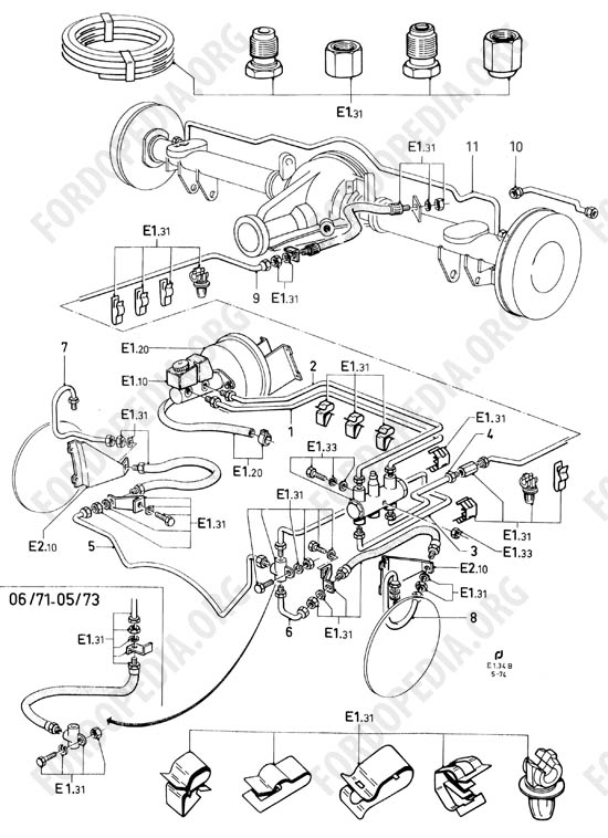 Ford Taunus/Cortina (1970-1975) - Brake pipes without brake vacuum booster and brake pressure differential valve