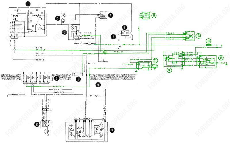 Wiring diagrams: Taunus TC2 / Cortina Mk4 - base version, L version, GL version - charging, starter and ignition circuits