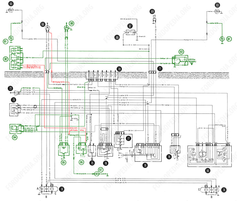 Wiring diagrams: Taunus TC2 / Cortina Mk4 - base version, L version, GL version - horn, direction indicator and hazard warning circuits