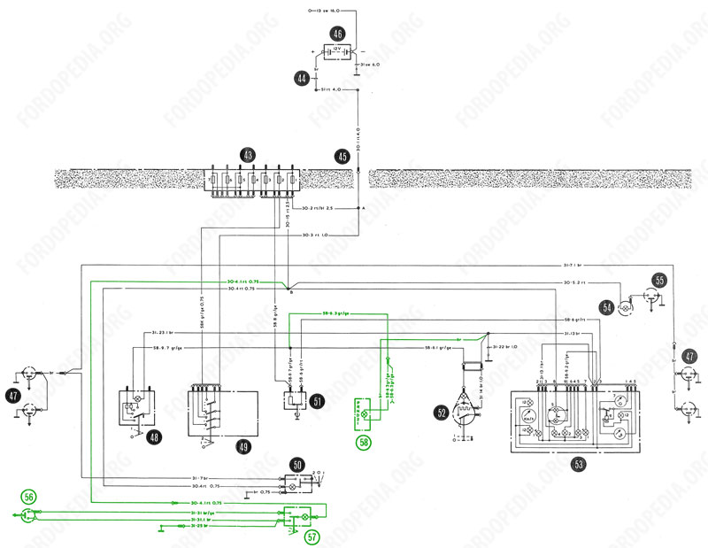 Wiring diagrams: Taunus TC2 / Cortina Mk4 - base version, L version, GL version - interior lighting