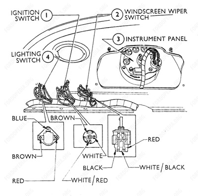 Wiring diagrams: Ford Transit MkI (F.O.B.) (prior to 09.1968) - Instrument panel and switches