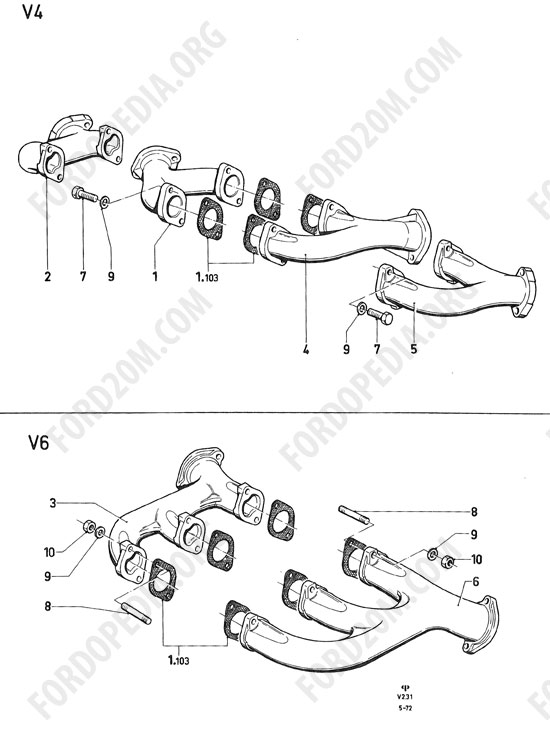 Koeln V4/V6 engines (1962-1974) - Exhaust manifold (Essex)