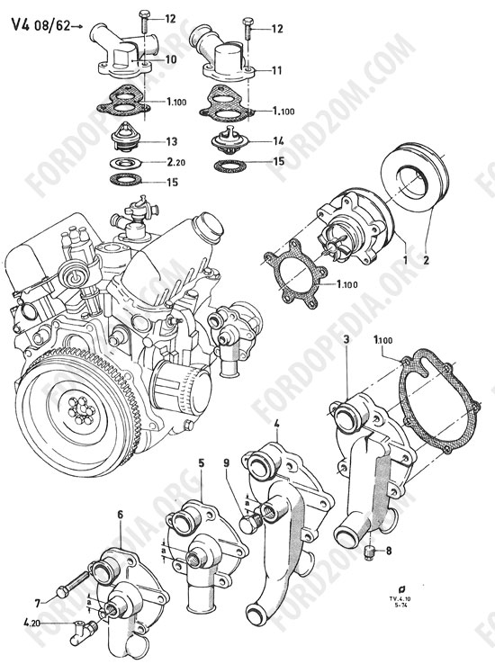 Koeln V4/V6 engines (1962-1974) - Water pump, water connections - V4