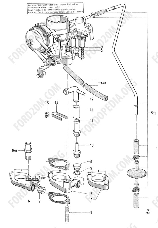 Koeln V4/V6 engines (1962-1974) - One-venturi carburetor and mountings