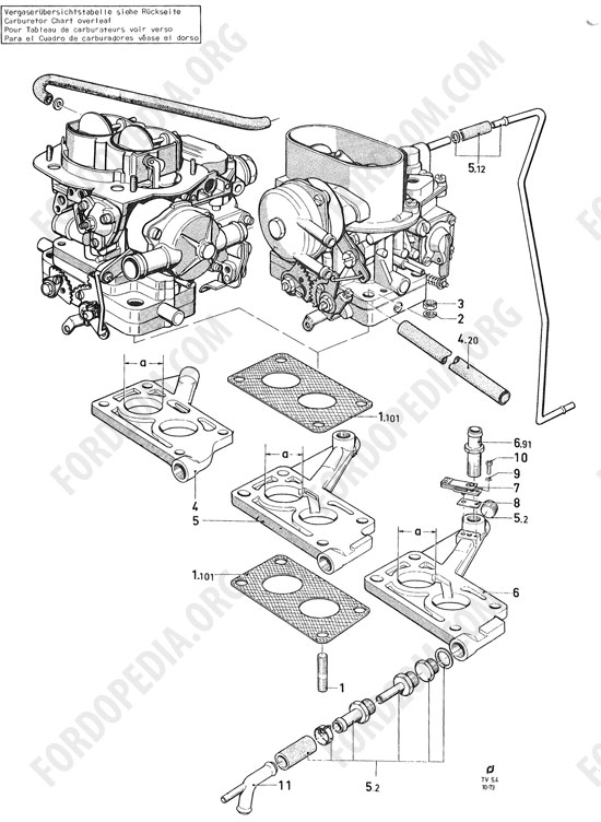 Koeln V4/V6 engines (1962-1974) - Two-venturi carburetor and mountings - V6