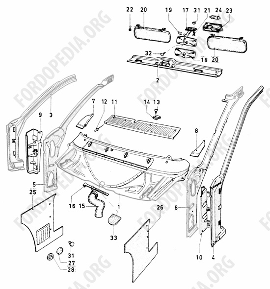 Ford Escort MkI RS/Mexico (1970-1974) - Top Panel, A-Pillars, Sun Visors