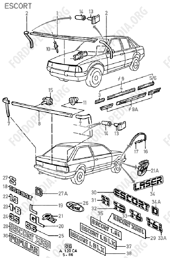 Ford Escort MkIII/Orion MkI (1981-1986) - Body Mouldings And Name Plates (ESCORT)