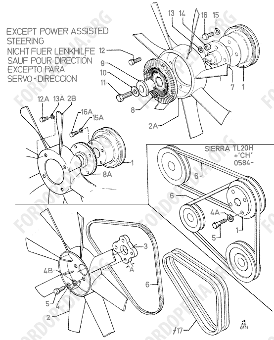 Pinto OHC engines - Fan/Pulleys/Drive Belts Less P/Strg