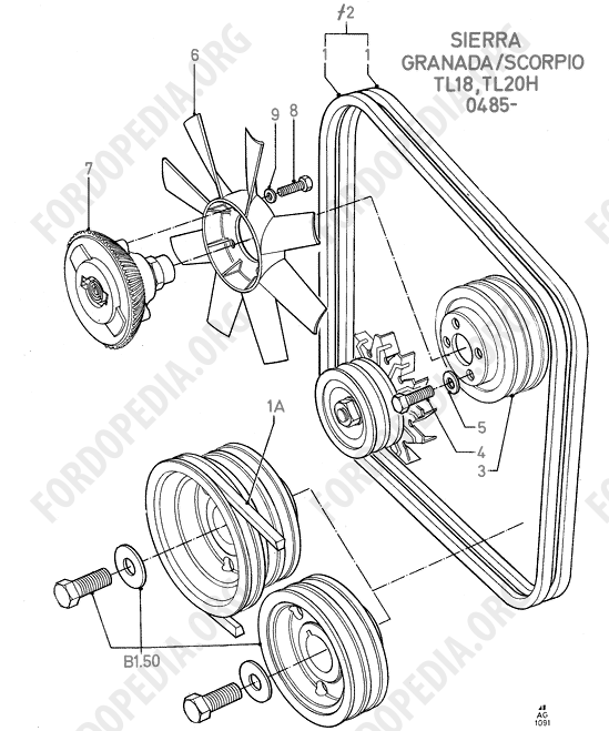 Pinto OHC engines - Fan/Pulleys/Drive Belts Less P/Strg