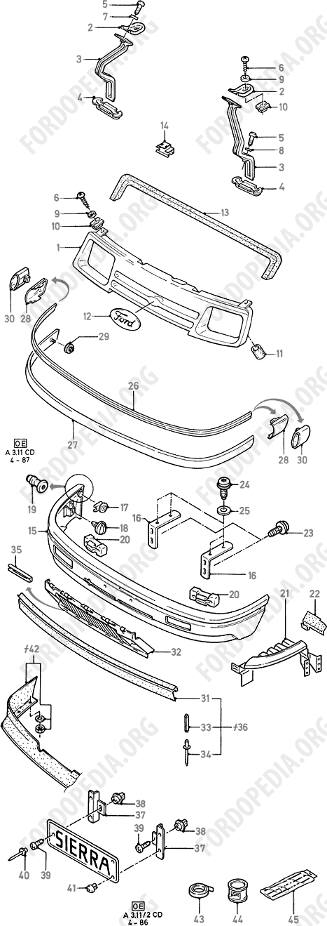 Ford Sierra MkI (1982-1986) - Radiator Grille And Front Bumper (except Ghia/XR4I,  except CDN/USA)