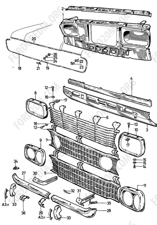 Ford Taunus 17m/20m P5/P7 - Radiator bulkhead, grille, bumper, bars