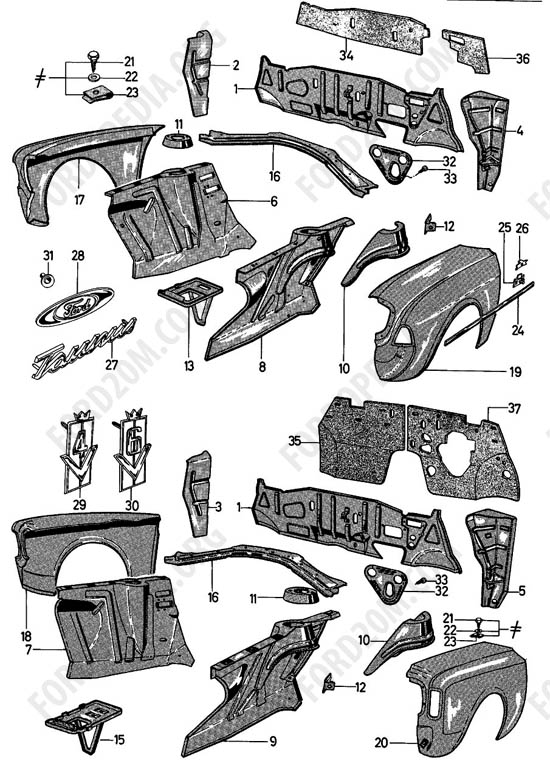 Ford Taunus 17m/20m P5/P7 - Dash panel, Aprons, Front Fenders