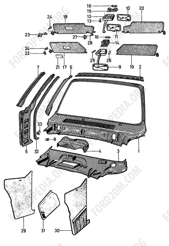 Ford Taunus 17m/20m P5/P7 - Cowl top panel, A-pillar, sun visors