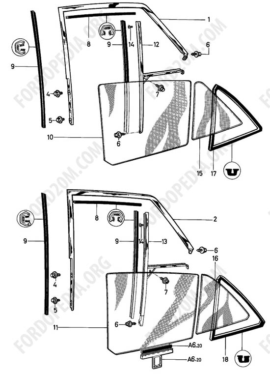 Ford Taunus 17m/20m P5/P7 - Window frames and glass - rear doors