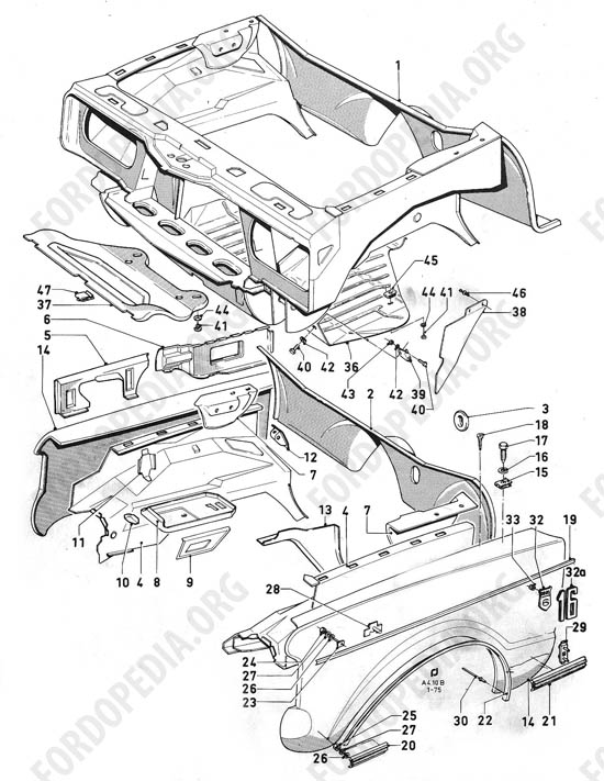 Ford Taunus/Cortina (1970-1975) - Engine compartment, front fenders