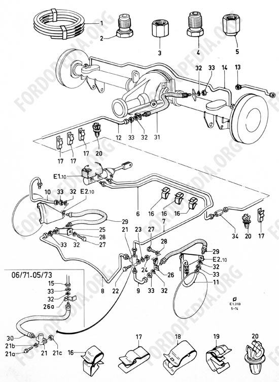 Ford Taunus/Cortina (1970-1975) - Brake pipes without brake vacuum booster and without brake pressure differential valve