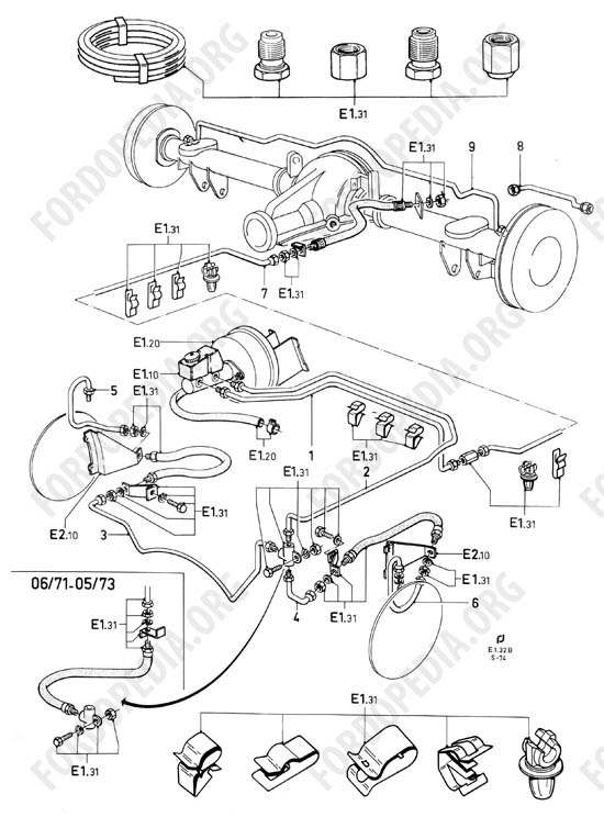 Ford Taunus/Cortina (1970-1975) - Brake pipes with brake vacuum booster and without brake pressure differential valve