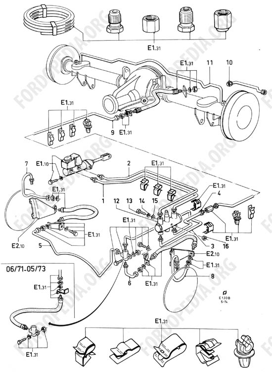 Ford Taunus/Cortina (1970-1975) - Brake pipes without brake vacuum booster, with brake pressure differential valve